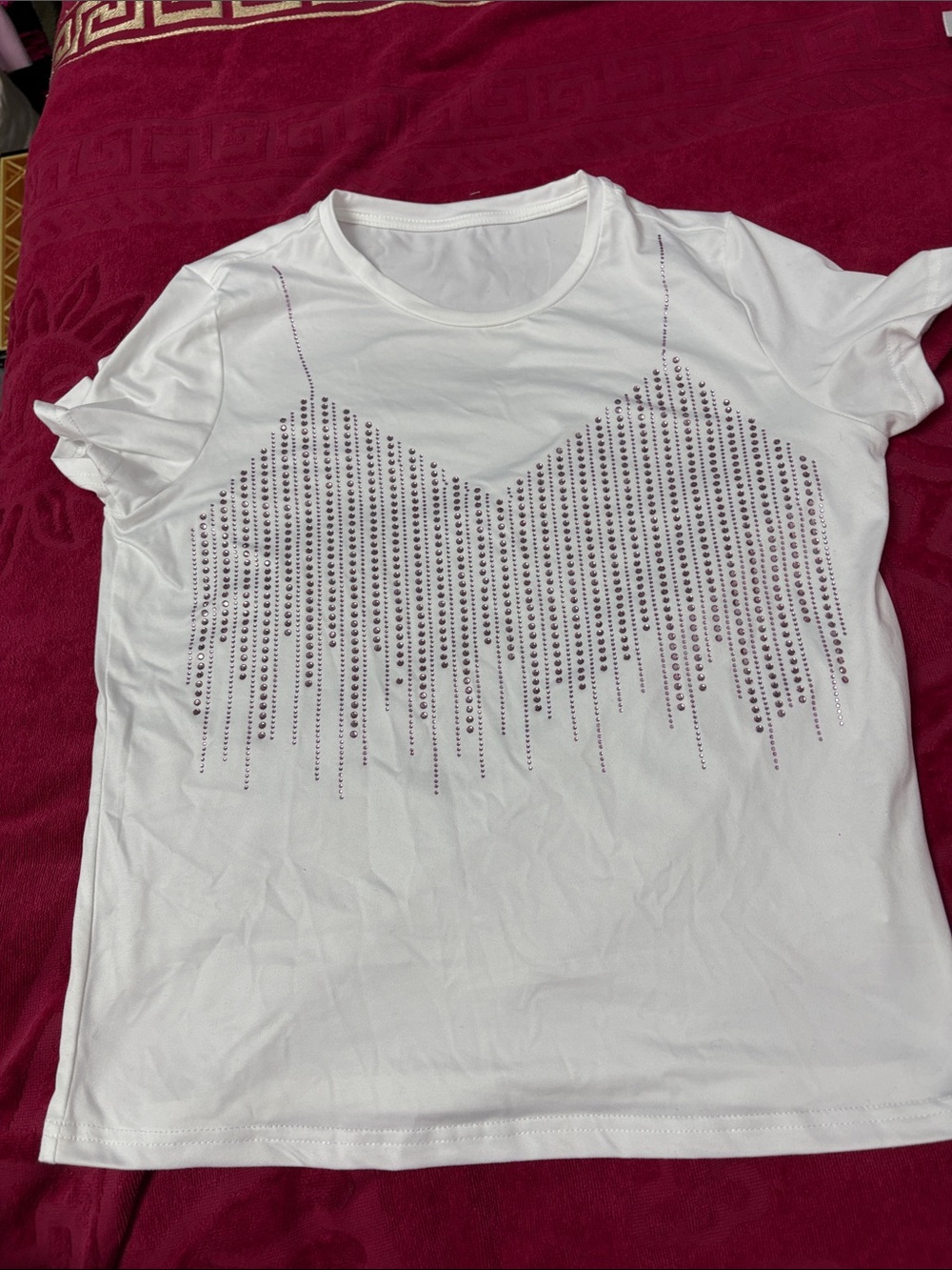 SHEIN White Short Sleeve Tee with Pink Crystal Fringe